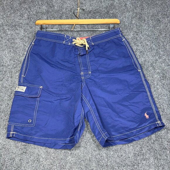 Vintage Polo Ralph Lauren Board Shorts Mens Small Blue Nylon Tie Waist Lined - Picture 1 of 9
